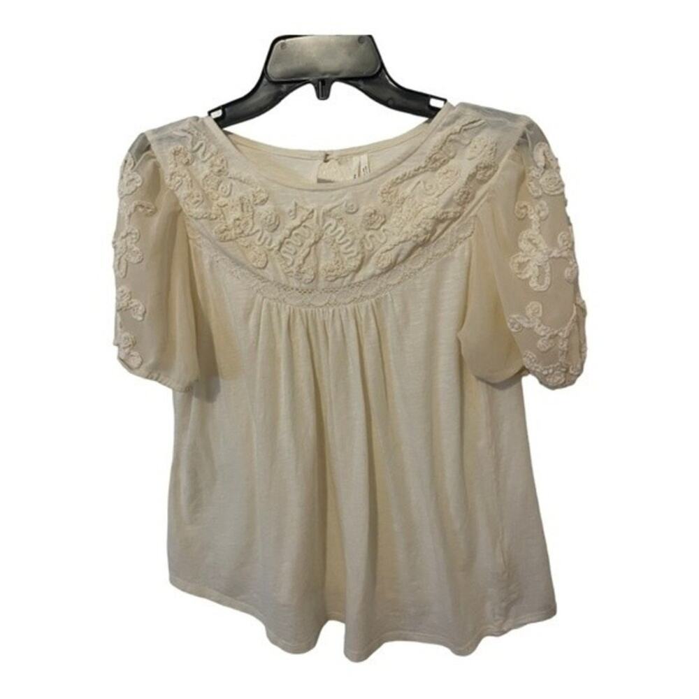 Anthropologie Embroidered Top Cotton Sheer Sleeve Boho Preppy Office XS